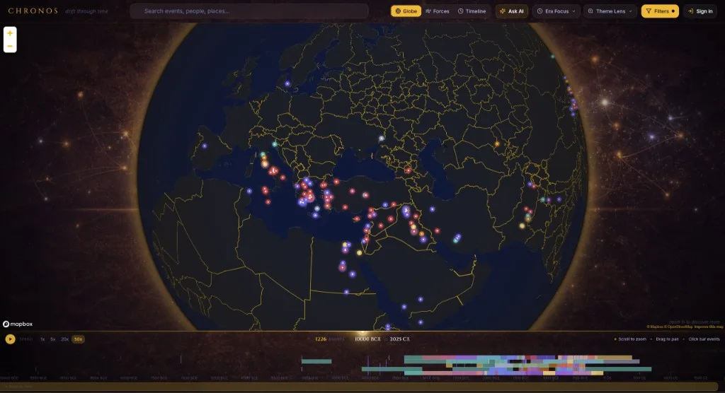 Screenshot of the public web app: a dark globe view of Europe, the Middle East and North Africa scattered with coloured event markers, above a dense timeline strip running from 10000 BCE to 2025 CE