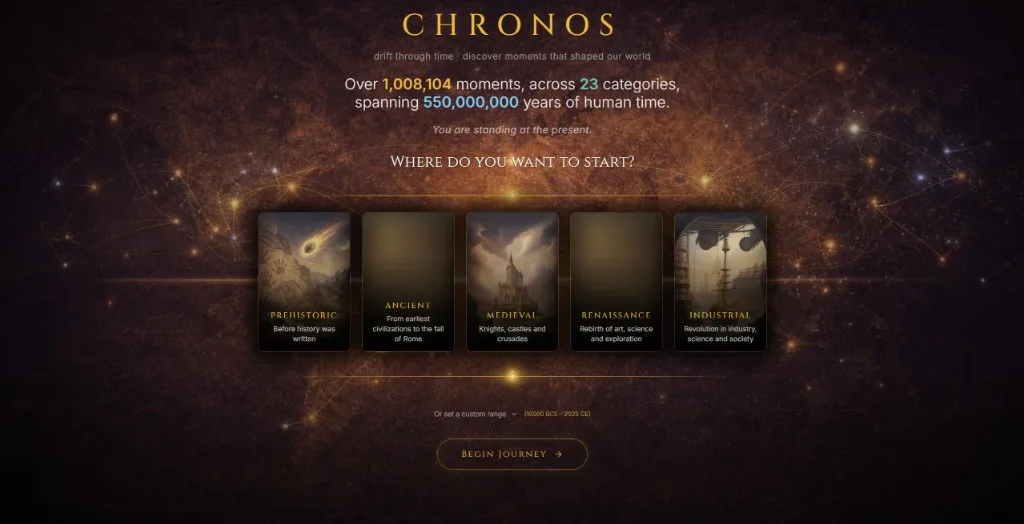 Screenshot of the Chronos landing page: era cards for prehistoric, ancient, medieval, renaissance and industrial periods beneath the line "you are standing at the present", with a counter of just over a million moments