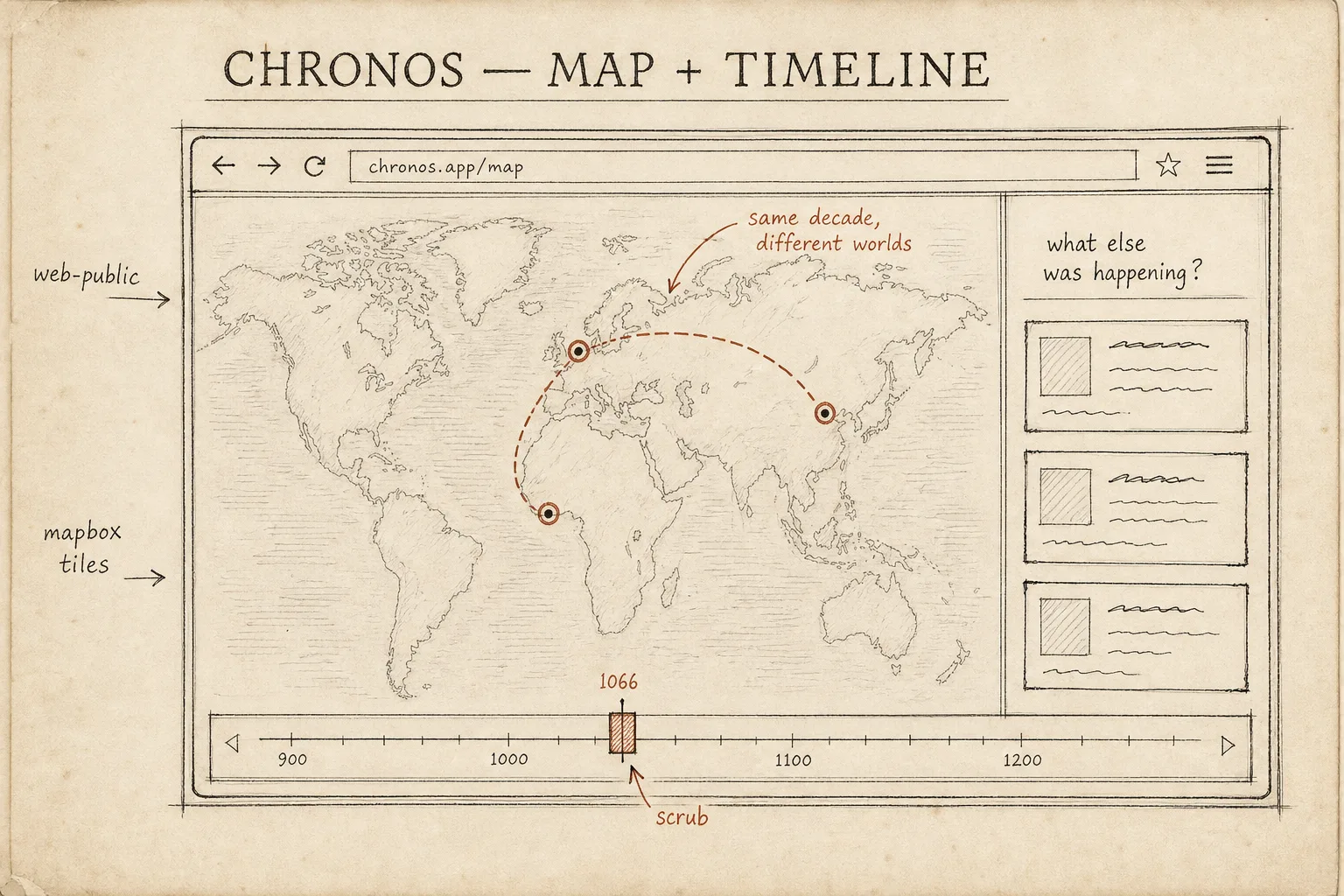 Hand-drawn interface sketch of the public web app: a world map with three connected event markers on different continents, a timeline scrubber set to 1066, and a side panel asking what else was happening