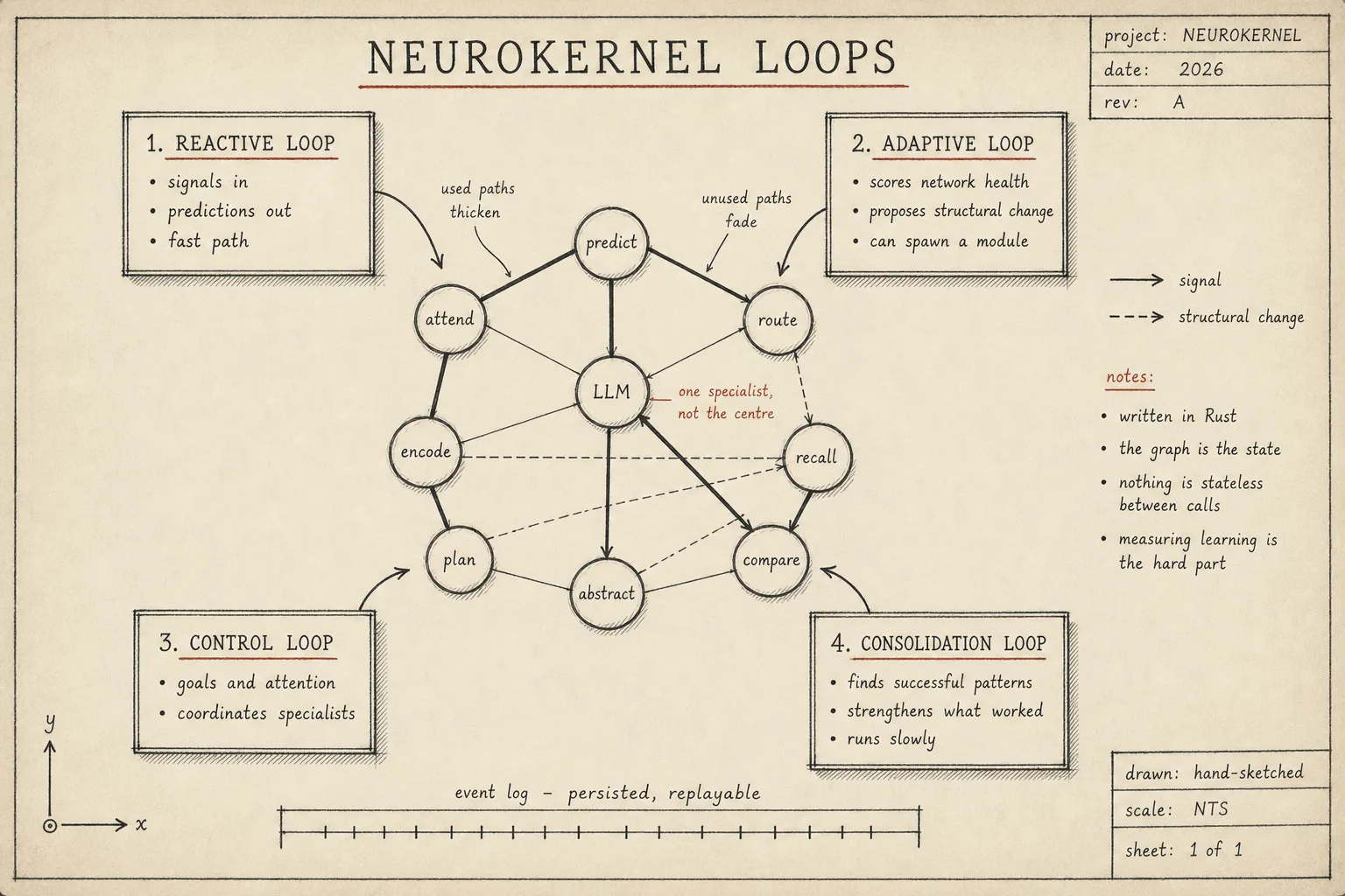 Hand-sketched engineering drawing of NeuroKernel: a graph of small labelled specialist modules — predict, route, recall, compare, plan, encode, attend, abstract and a language model — connected by lines of varying weight, with notes marking that used paths thicken and unused paths fade, surrounded by four boxes for the reactive, adaptive, control and consolidation loops each curving back into the graph, and a persisted replayable event log running beneath it